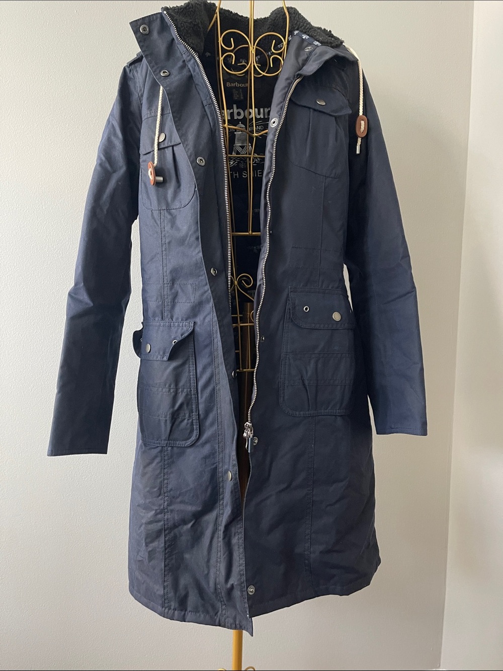 Barbour Navy Hooded Waxed Cotton Long Parka